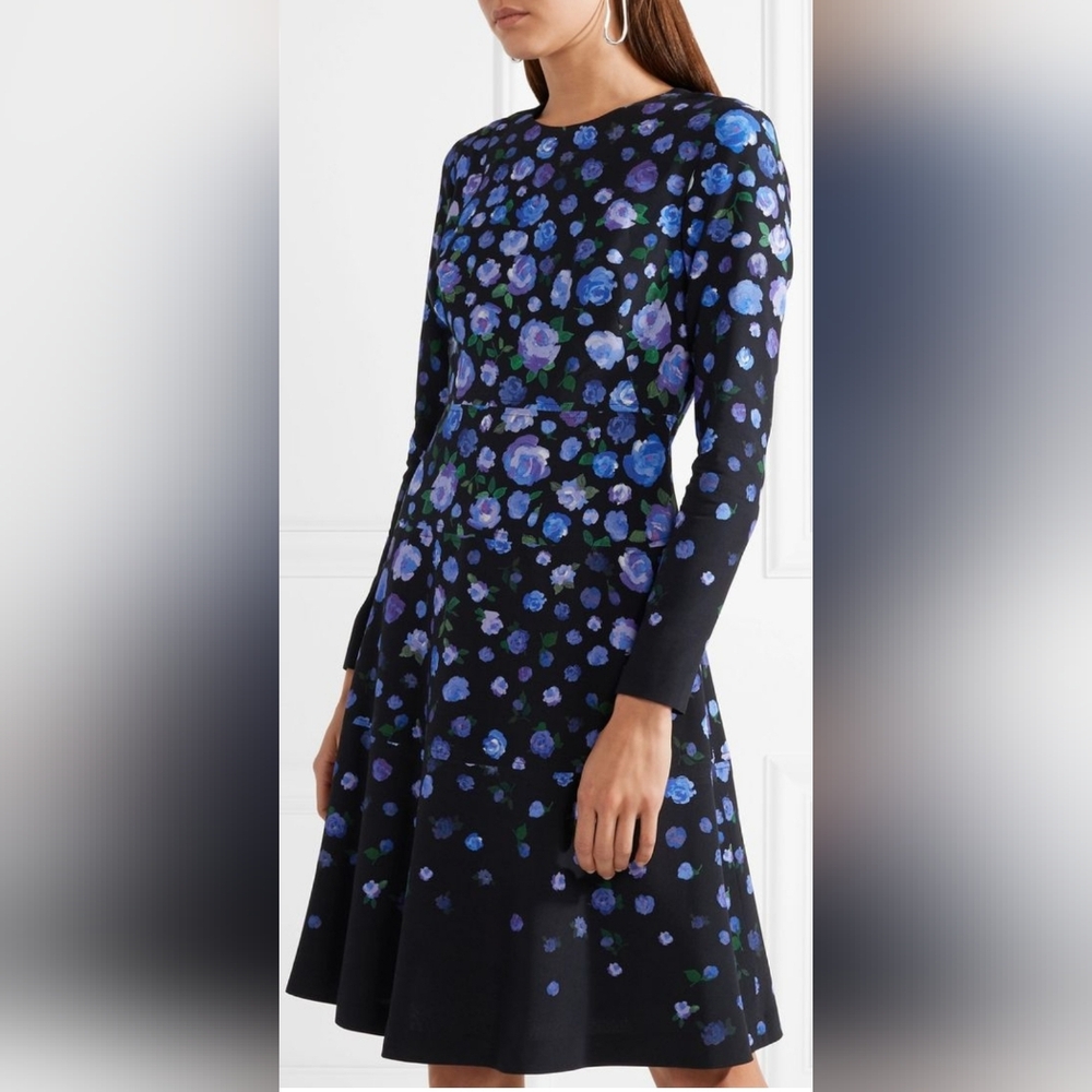 Lela Rose Black and Blue Floral Long Sleeve‎ Dress  Viscosa
